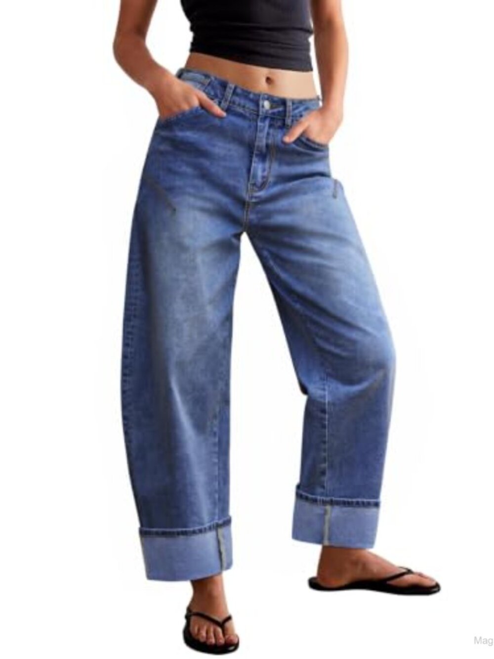Womens Barrel Wide Leg Cuffed Baggy Jeans Stretch Cotton Mid-Rise
